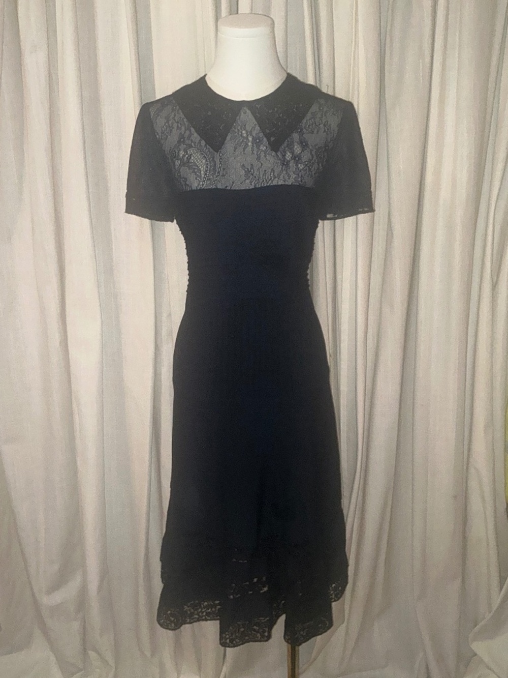 Tadashi Shoji Navy Lace Fit & Flare Dress | Sheer Lace Collar Size M
